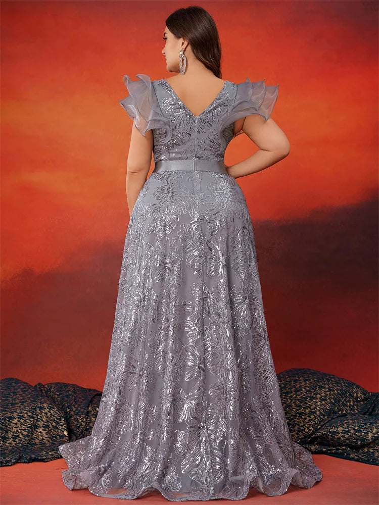 BluePlum Plus Size Grey Sequins V-Neck Evening Dress | Blue Plum - Blue Plum