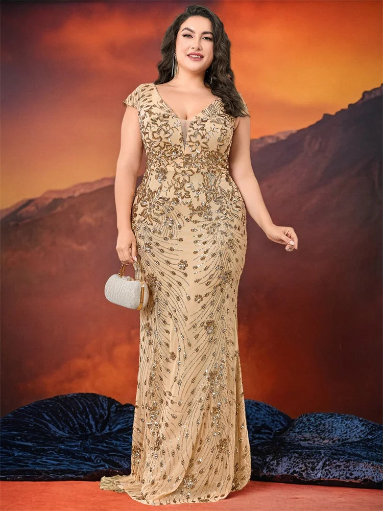 BluePlum Plus Size Elegant Sequin Evening Dress Long 2025 Women Mermaid Formal Deep V-neck Prom Luxury Wedding Party Dresses | Blue Plum - Blue Plum