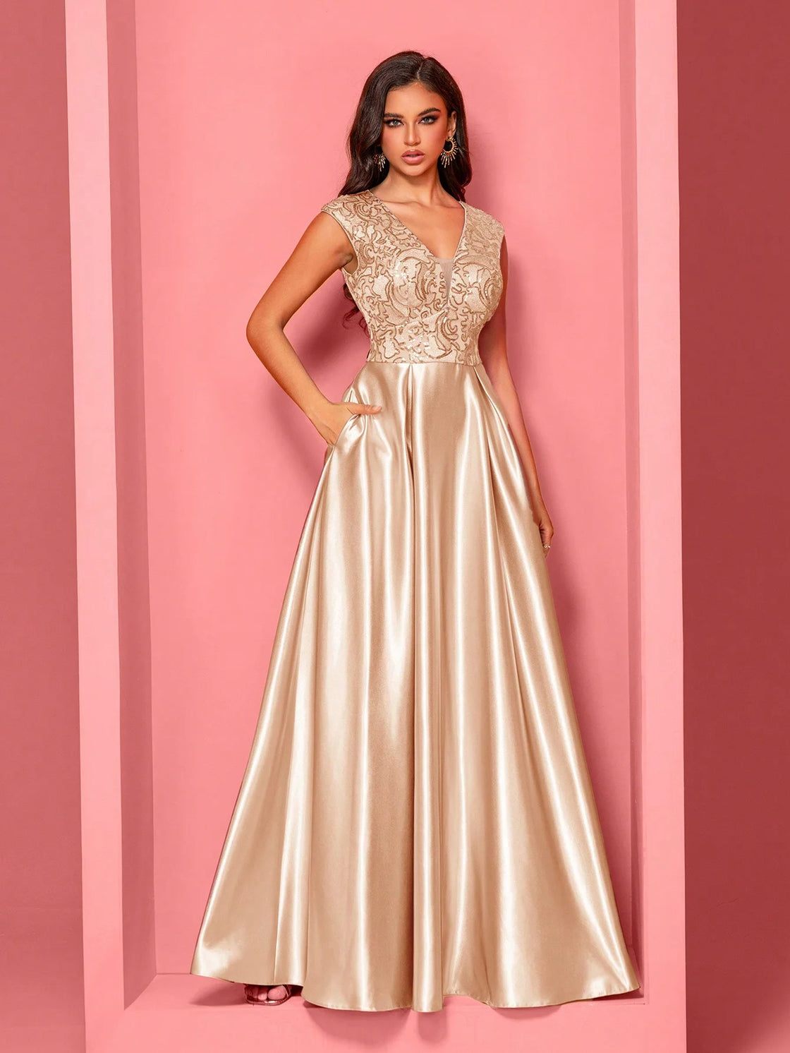 Luxury Blueplum Gold Satin V-Neck Sequin Evening Dress | Blue Plum - Blue Plum