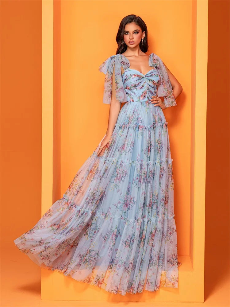 Elegant Blue V-Back Chiffon Evening Dress | Blue Plum - Blue Plum