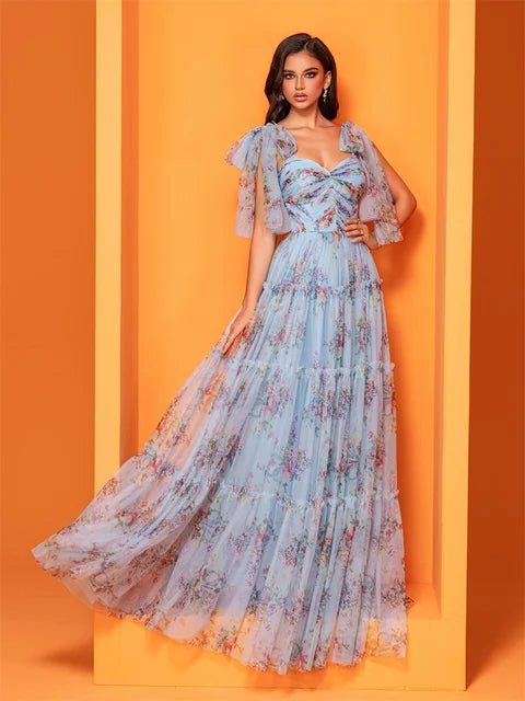 Elegant Blue V-Back Chiffon Evening Dress | Blue Plum - Blue Plum