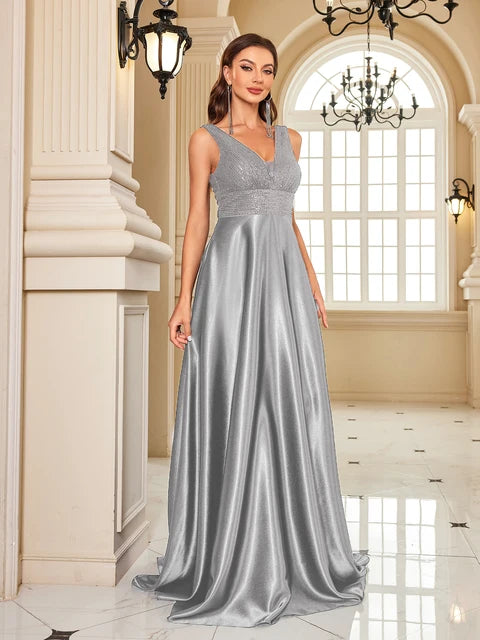 Luxury Sequin V-Neck Evening Gown | Blue Plum - Blue Plum