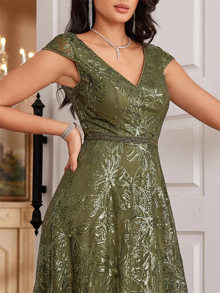 BluePlum New Luxury V-Neck Green Sequins Evening Dress Elegant Long Women V-back Wedding Party Long Prom Cocktail Dress Gowns | Blue Plum - Blue Plum