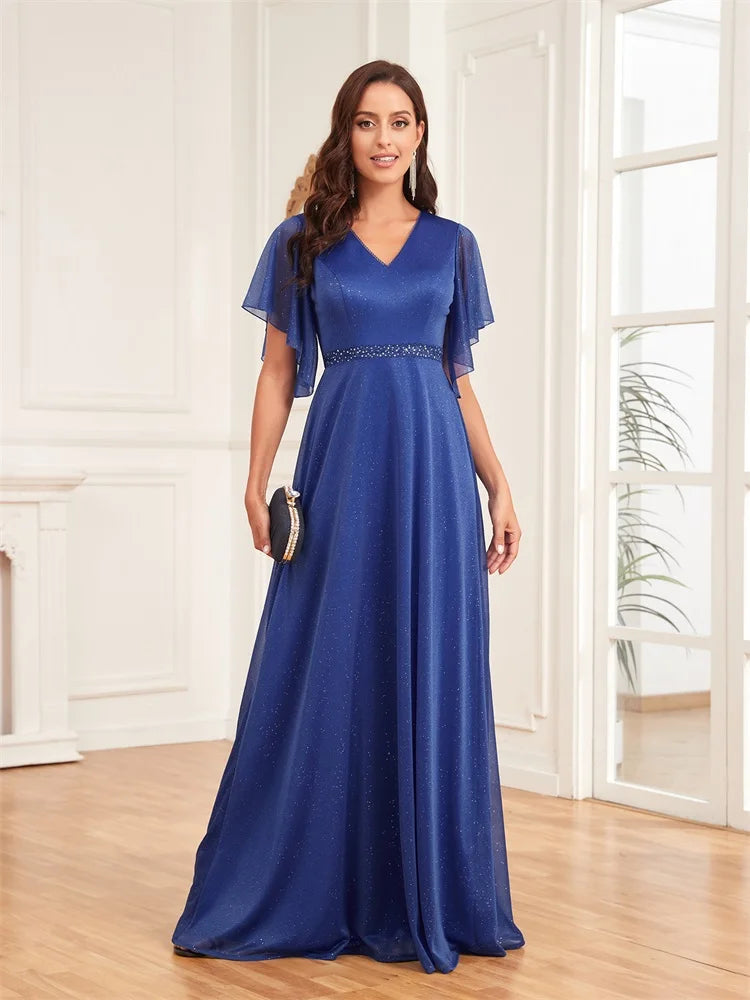 BluePlum Luxury Chiffon Maxi V-neck Royal Blue Long Dress Women Elegant Flared Sleeves Chiffon Wedding Party Evening Dress Prom | Blue Plum - Blue Plum
