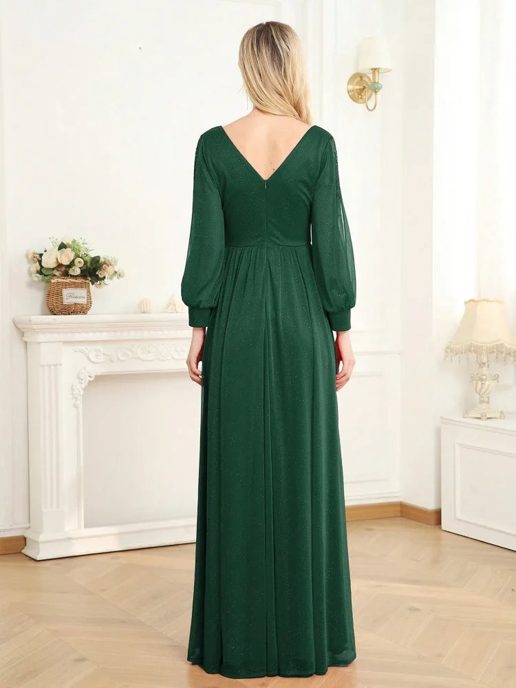 BluePlum Plus Size Elegant Women V-Neck Wedding Party Maxi Dress Luxury Long Sleeve Chiffon Evening Dress Long Prom Cocktail Dress | Blue Plum - Blue Plum