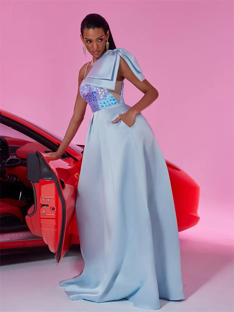 Elegant Satin Blue Bow Bridesmaid Dress - Luxury A-line Gown | Blue Plum - Blue Plum