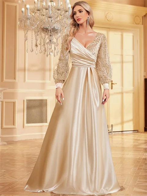 BLUEPLUM Gold Sequin V-Neck Maxi Evening Dress | Blue Plum - Blue Plum