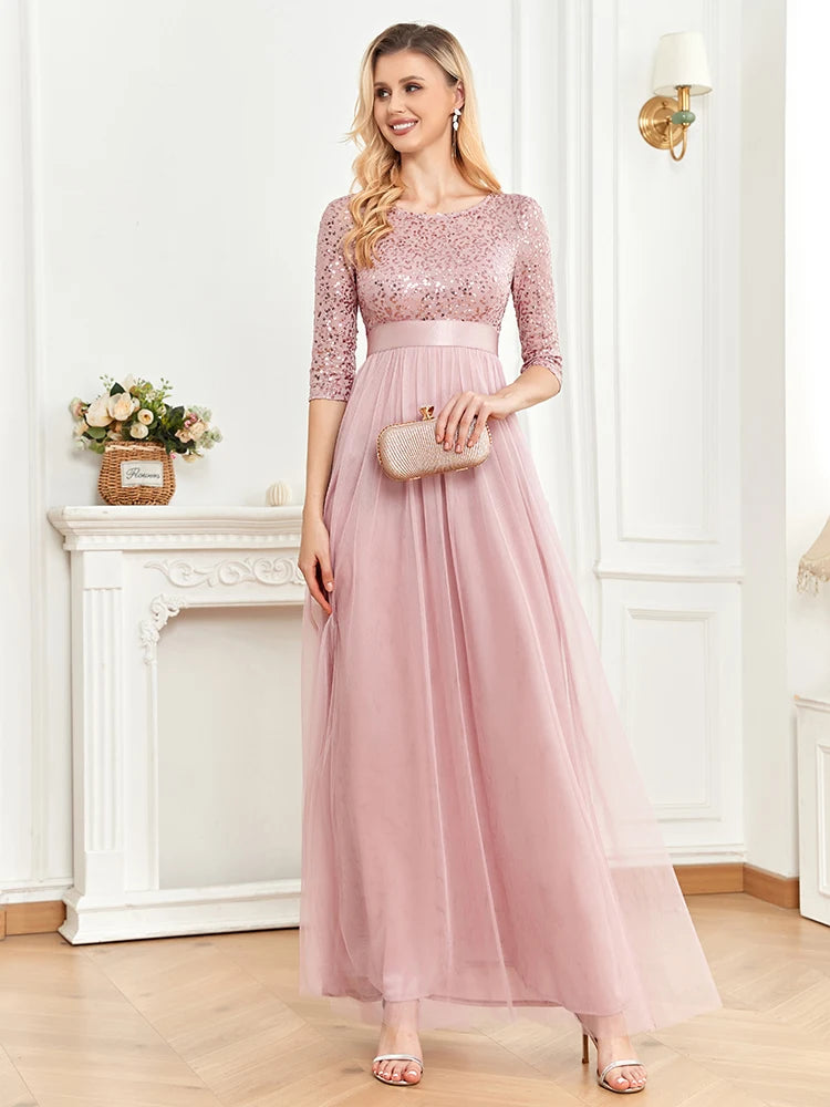 BluePlum Elegant Chiffon Evening Dress Luxury 2025 Long Short Sleeve Wedding Party Dress Women Sequin Wedding Party Cocktail Prom | Blue Plum - Blue Plum