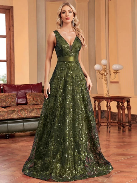 Luxury Deep V-Neck Sequins Blue Evening Dress | Blue Plum - Blue Plum