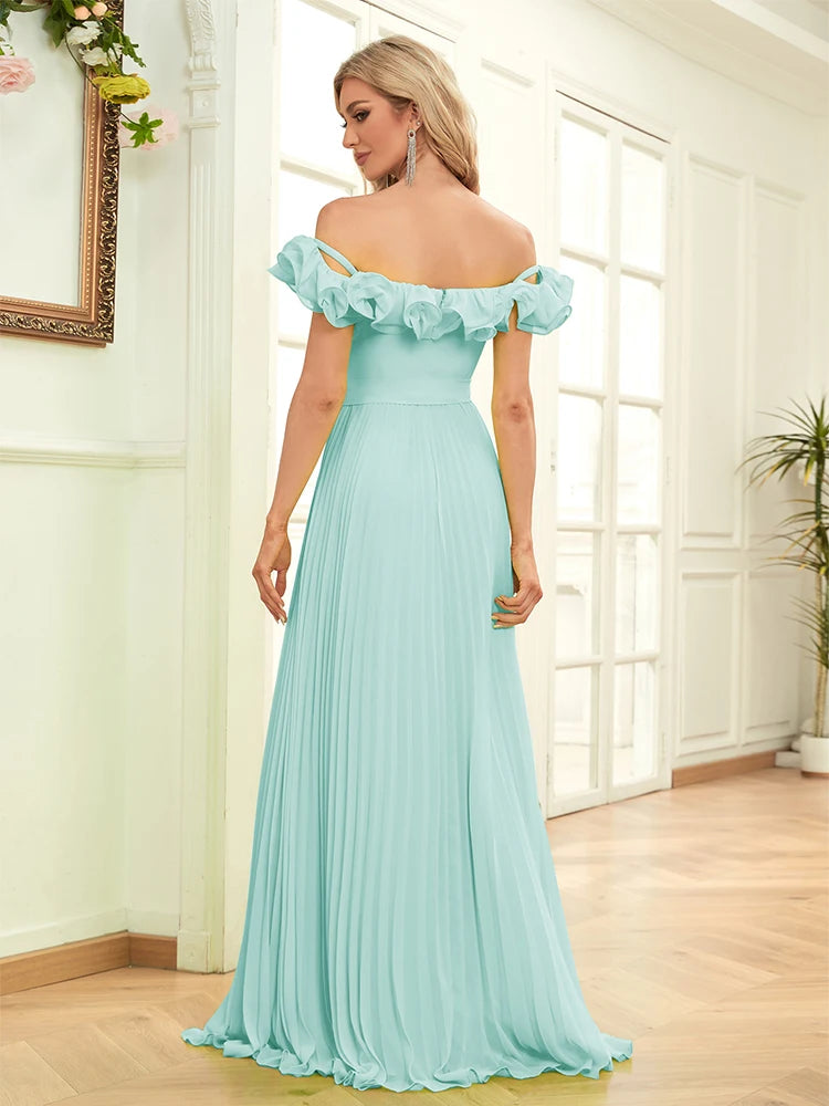 BluePlum Elegant Chiffon Green Evening Dresses Long A-LINE Off-the-shoulder 2024 Women Simple Bridesmaid Wedding Party Dress Prom | Blue Plum - Blue Plum