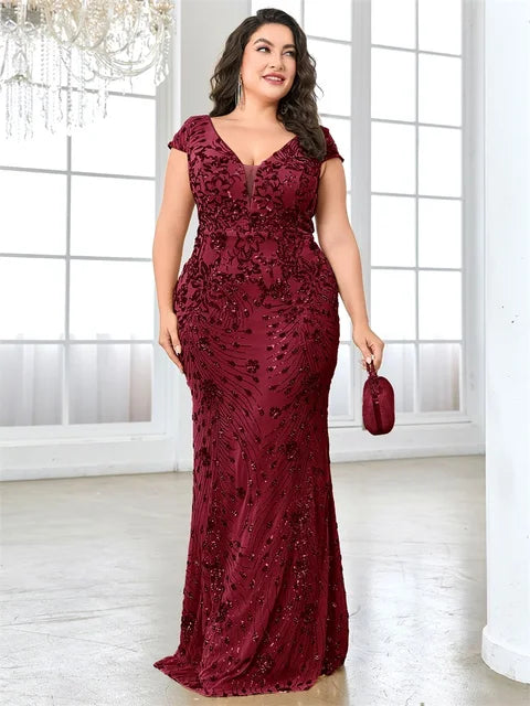 BluePlum Plus Size Elegant Sequin Evening Dress Long 2025 Women Mermaid Formal Deep V-neck Prom Luxury Wedding Party Dresses | Blue Plum - Blue Plum