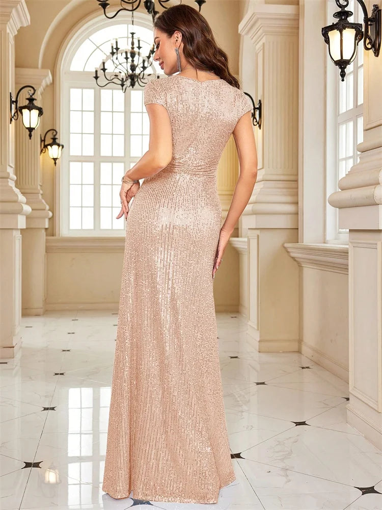 BLUEPLUM Gold V-Neck Sequin Evening Dress - Elegant 2025 | Blue Plum - Blue Plum