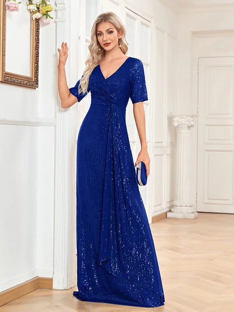 Blueplum V-Neck Gold Evening Dress - Elegant Maxi Gown | Blue Plum - Blue Plum