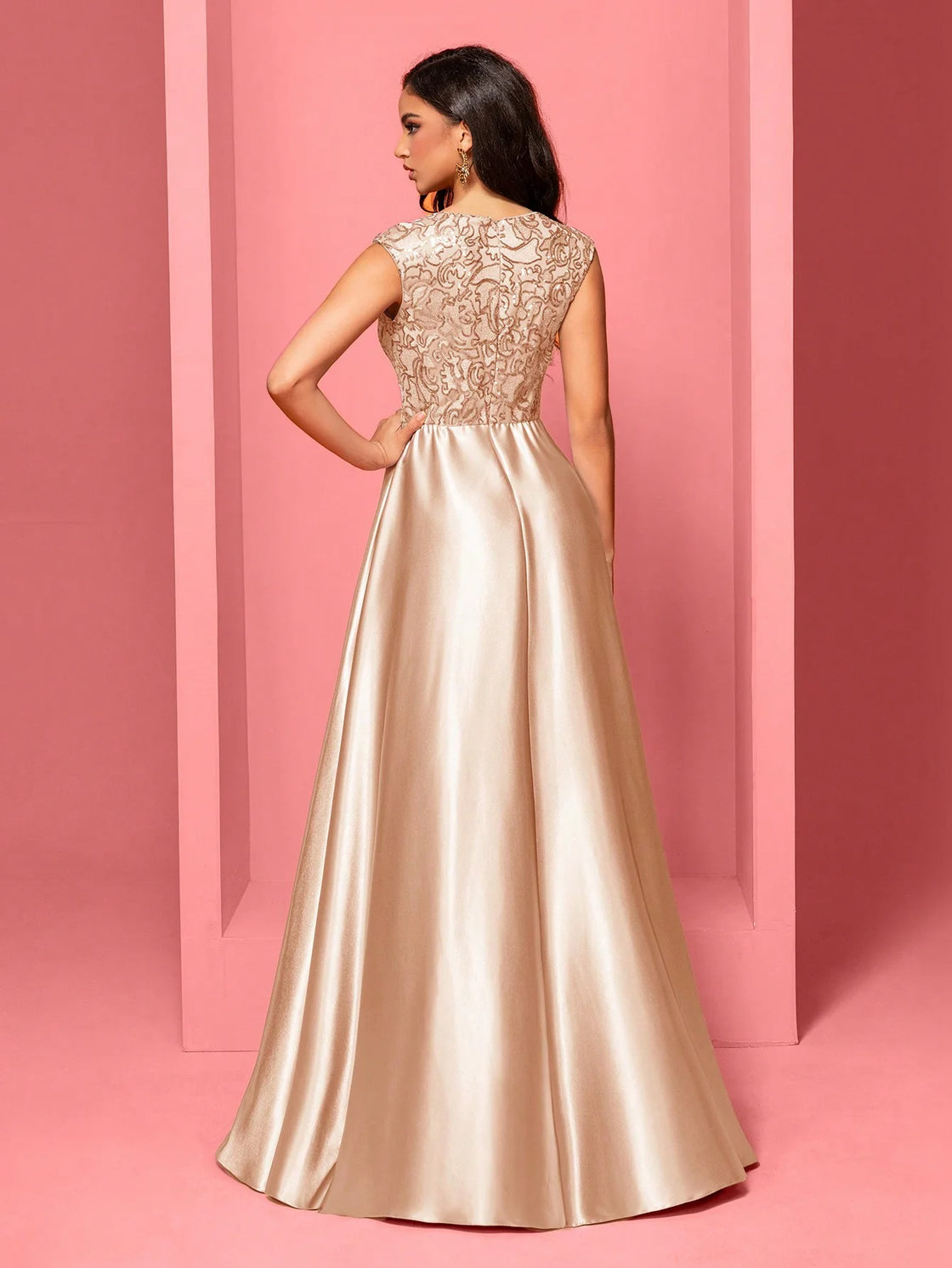 Luxury Blueplum Gold Satin V-Neck Sequin Evening Dress | Blue Plum - Blue Plum