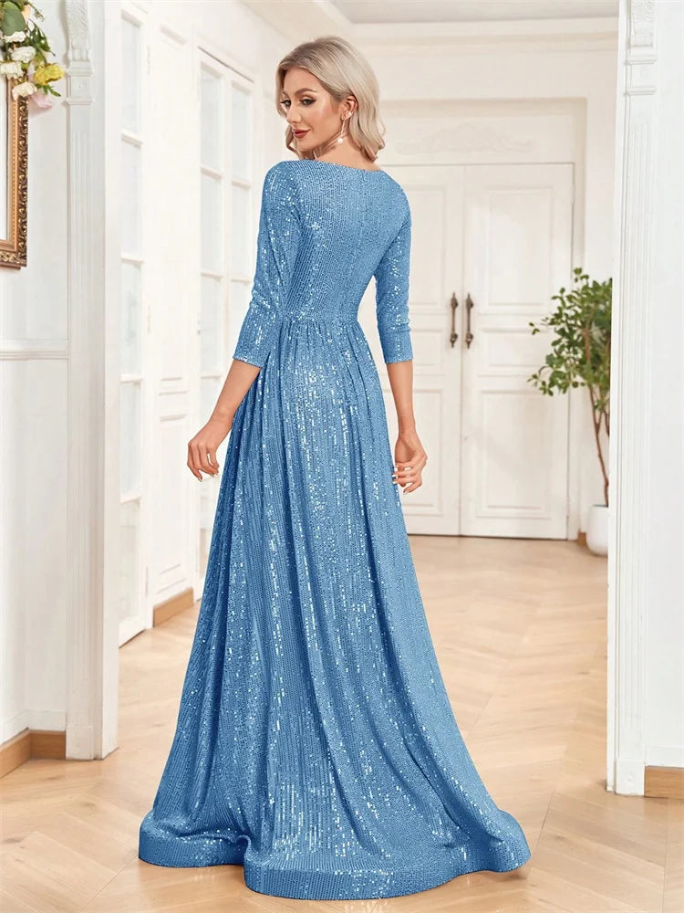 BLUEPLUM Luxury Blue Sequins Evening Maxi Dress | Blue Plum - Blue Plum