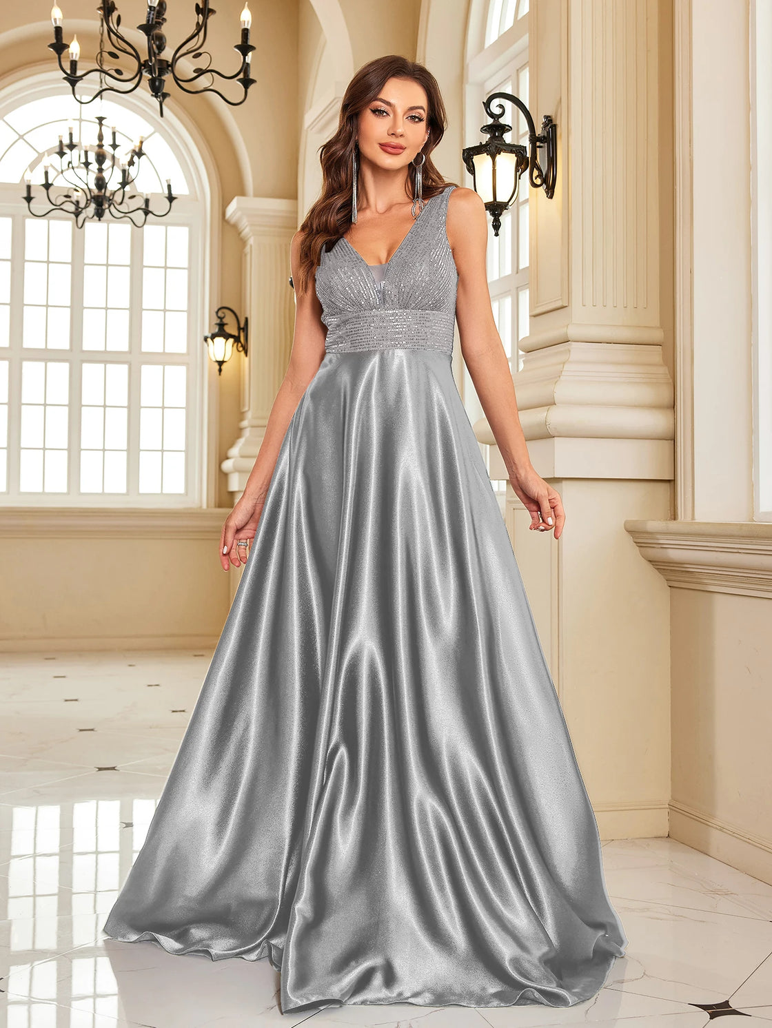 Luxury Sequin V-Neck Evening Gown | Blue Plum - Blue Plum