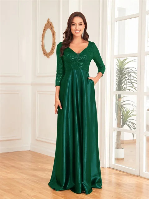 Luxury Deep V-Neck Sequins Evening Dress | Blue Plum - Blue Plum