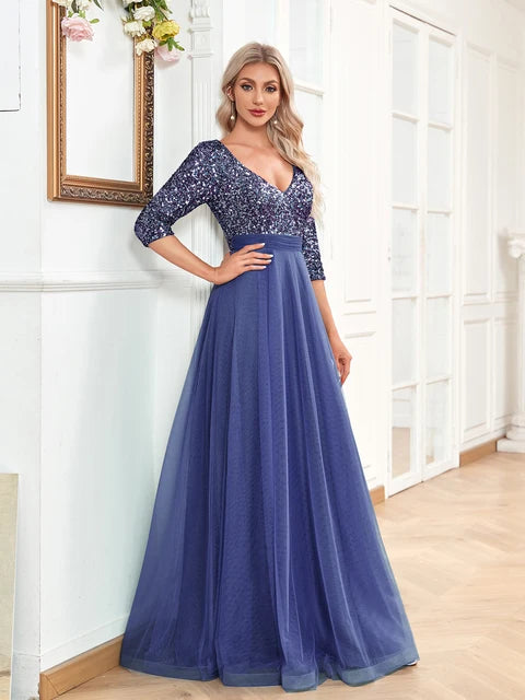 Sequin Blue Formal Evening Dress - Elegant Luxury Gown | Blue Plum - Blue Plum