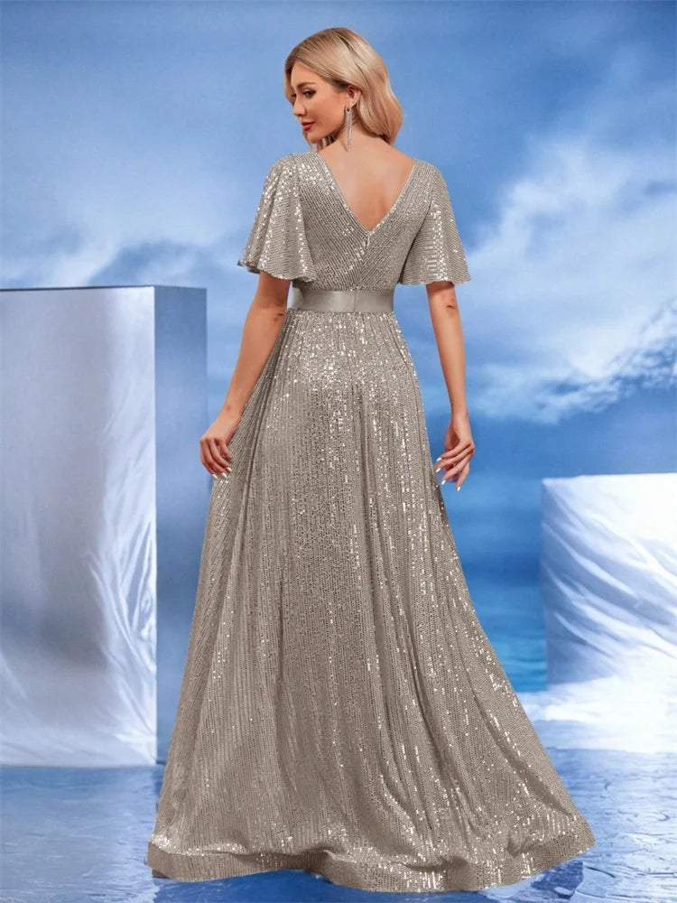 Luxury Sequin V-Neck Formal Evening Maxi Dress | Blue Plum - Blue Plum
