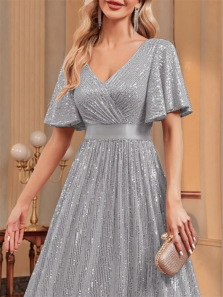 Luxury Sequin V-Neck Formal Evening Maxi Dress | Blue Plum - Blue Plum