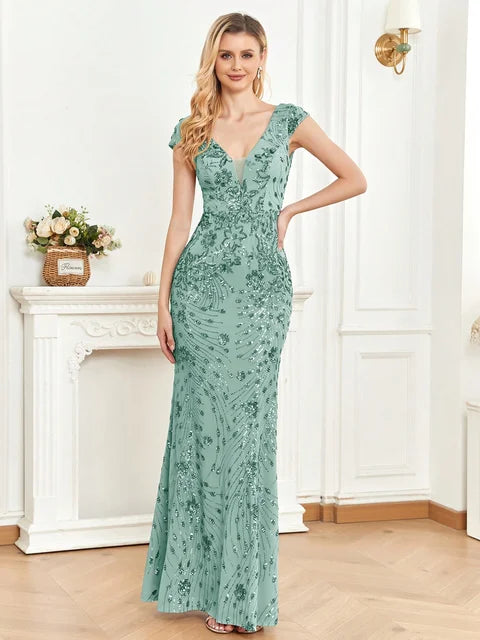 Elegant Green Sequin Mermaid Evening Dress | Blue Plum - Blue Plum