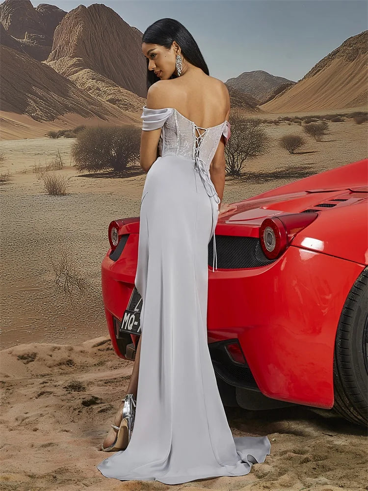 BLUEPLUM Off-the-Shoulder Grey Prom Dress for Elegant Lady | Blue Plum - Blue Plum