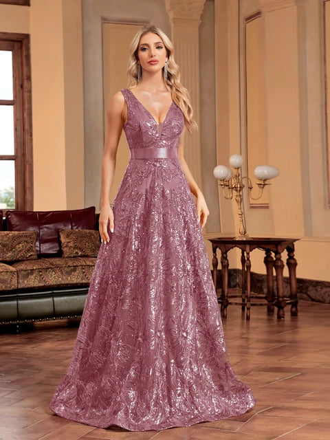 Luxury Deep V-Neck Sequins Blue Evening Dress | Blue Plum - Blue Plum