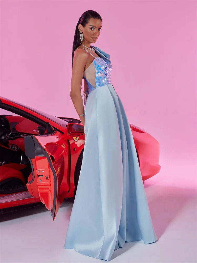 Elegant Satin Blue Bow Bridesmaid Dress - Luxury A-line Gown | Blue Plum - Blue Plum