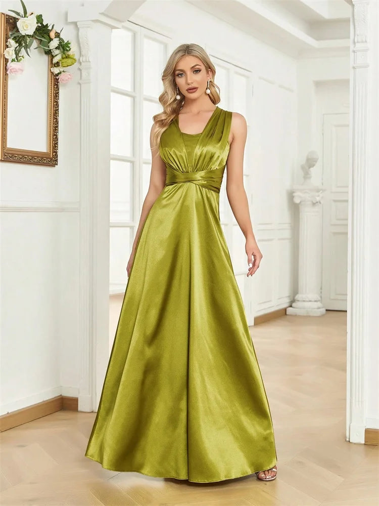 Elegant V-Back Green Satin Cocktail Gown | Blue Plum - Blue Plum