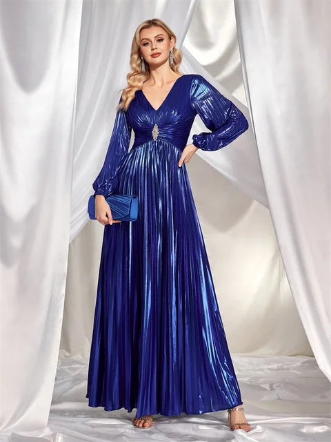 BluePlum Lucyinlove Luxury V-Neck Royal Blue Long sleeve Evening Dress For 2024 Women Elegant Wedding Party Long Cocktail Prom | Blue Plum - Blue Plum