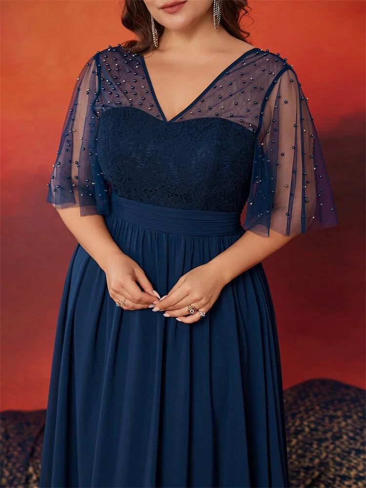 BluePlum Plus Size Luxury V-Neck Chiffon Blue Evening Dress Women Elegant V-back Wedding Party Long Prom Cocktail Dress | Blue Plum - Blue Plum
