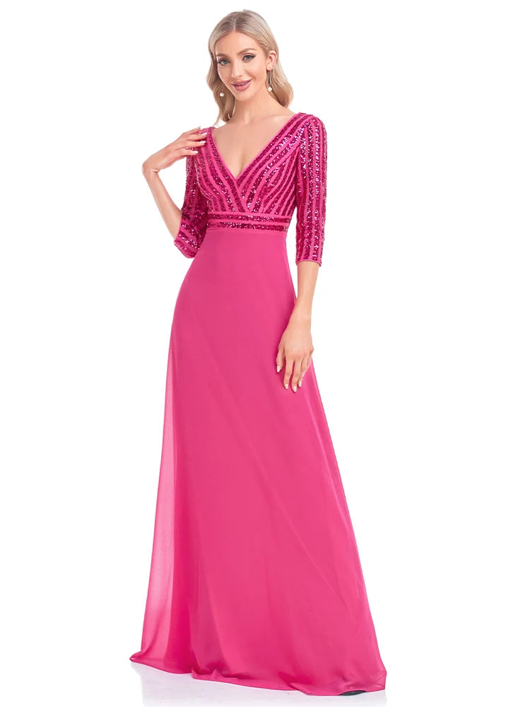 BluePlum Elegant Sequin Long Sleeve Formal Evening Dress Chiffon Blue A- line V-Neck Wedding Party Graduation Prom Dress For Women | Blue Plum - Blue Plum