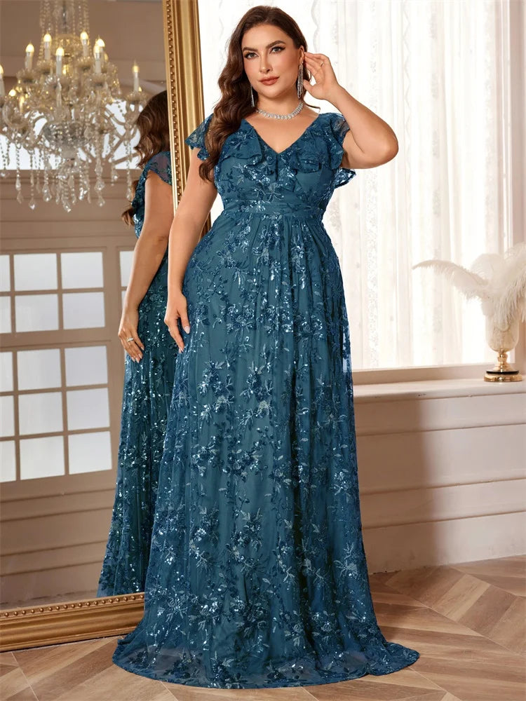 BluePlum Elegant Plus Size V-Neck Evening Dress | Blue Plum - Blue Plum