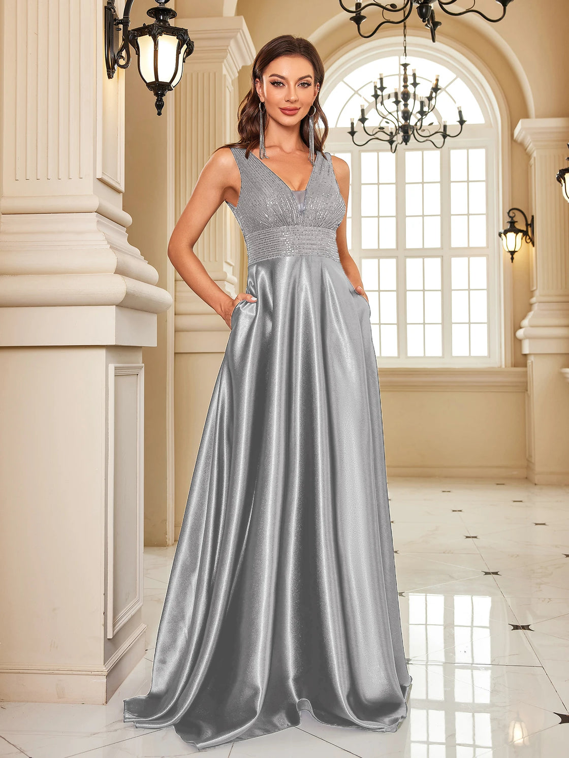 Luxury Sequin V-Neck Evening Gown | Blue Plum - Blue Plum