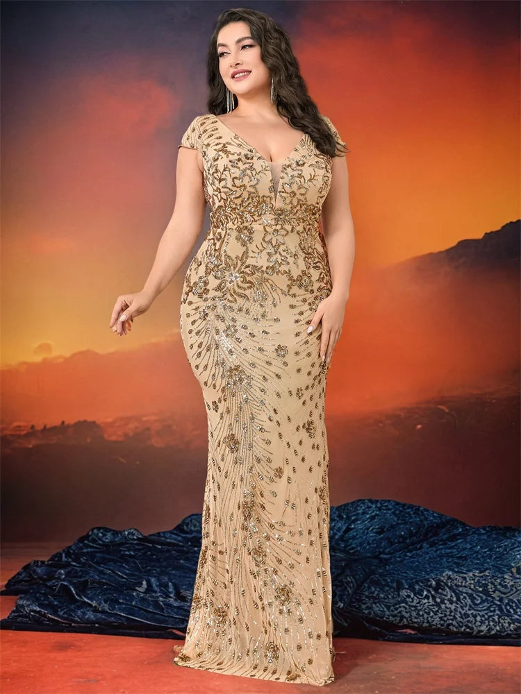 BluePlum Plus Size Elegant Sequin Evening Dress Long 2025 Women Mermaid Formal Deep V-neck Prom Luxury Wedding Party Dresses | Blue Plum - Blue Plum