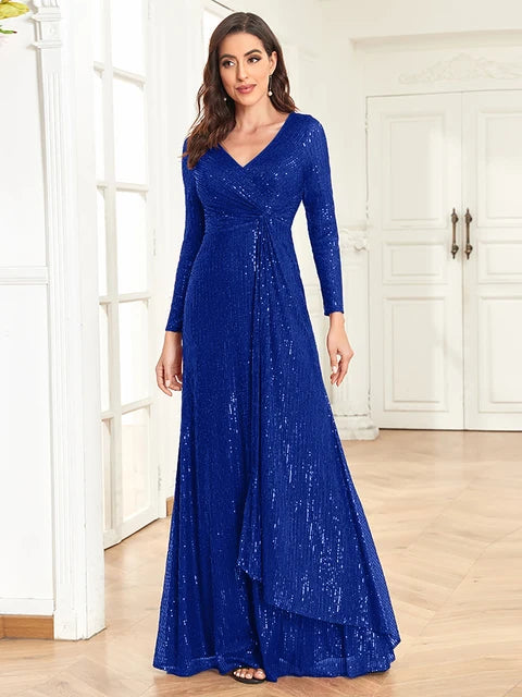 BLUEPLUM Elegant Gold Sequin V-Neck Maxi Evening Dress | Blue Plum - Blue Plum