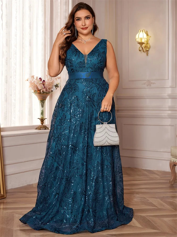 BluePlum Plus Size Luxury Sexy Deep V-Neck Sequins Blue Evening Dress Women Elegant V-back Wedding Party Long Prom Cocktail Dress | Blue Plum - Blue Plum