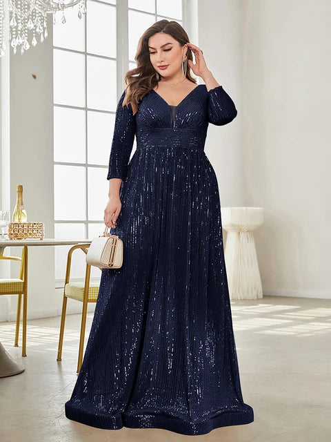 BluePlum Plus Size Elegant VNeck Sequin Evening Dress 2025 Women Formal Maxi Prom Long Sleeves Party Mermaid Luxury Cocktail Dress | Blue Plum - Blue Plum