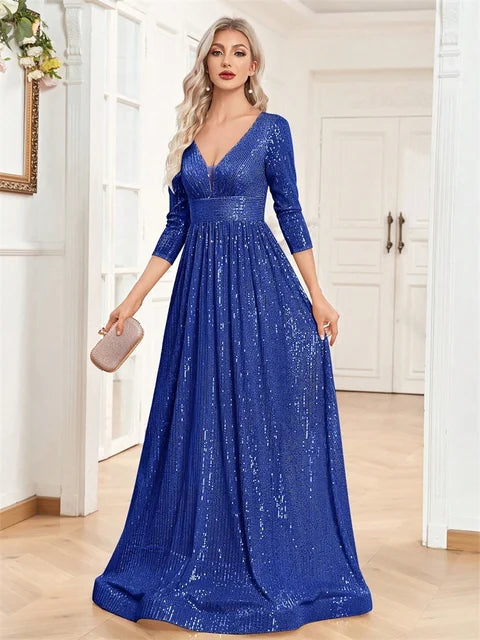 BLUEPLUM Luxury Blue Sequins Evening Maxi Dress | Blue Plum - Blue Plum