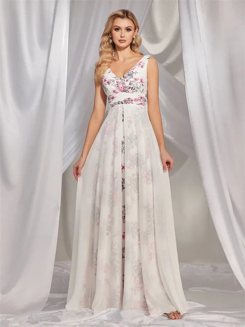 BluePlum Luxury Chiffon Printing White Backless Evening Dresses long 2024 Women Dress Wedding Bridesmaid Party Prom Cocktail Gowns | Blue Plum - Blue Plum