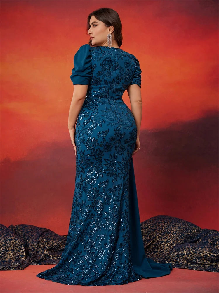 BluePlum Plus Size Elegant V-neck Sequins Evening Dress Women Short Sleeves Mermaid Formal Luxury Party Streamer Prom Dress | Blue Plum - Blue Plum