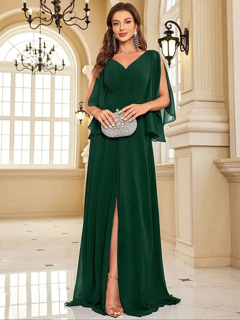 BluePlum Luxury Chiffon Long Sleeve Green Evening Dresses Sexy High Slit Women Dress V-Back Formal Wedding Party Gowns Vestidos | Blue Plum - Blue Plum