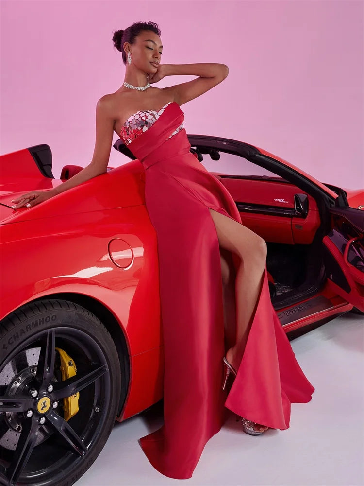 Blueplum Red Satin Split A-line Evening Dress | Blue Plum - Blue Plum