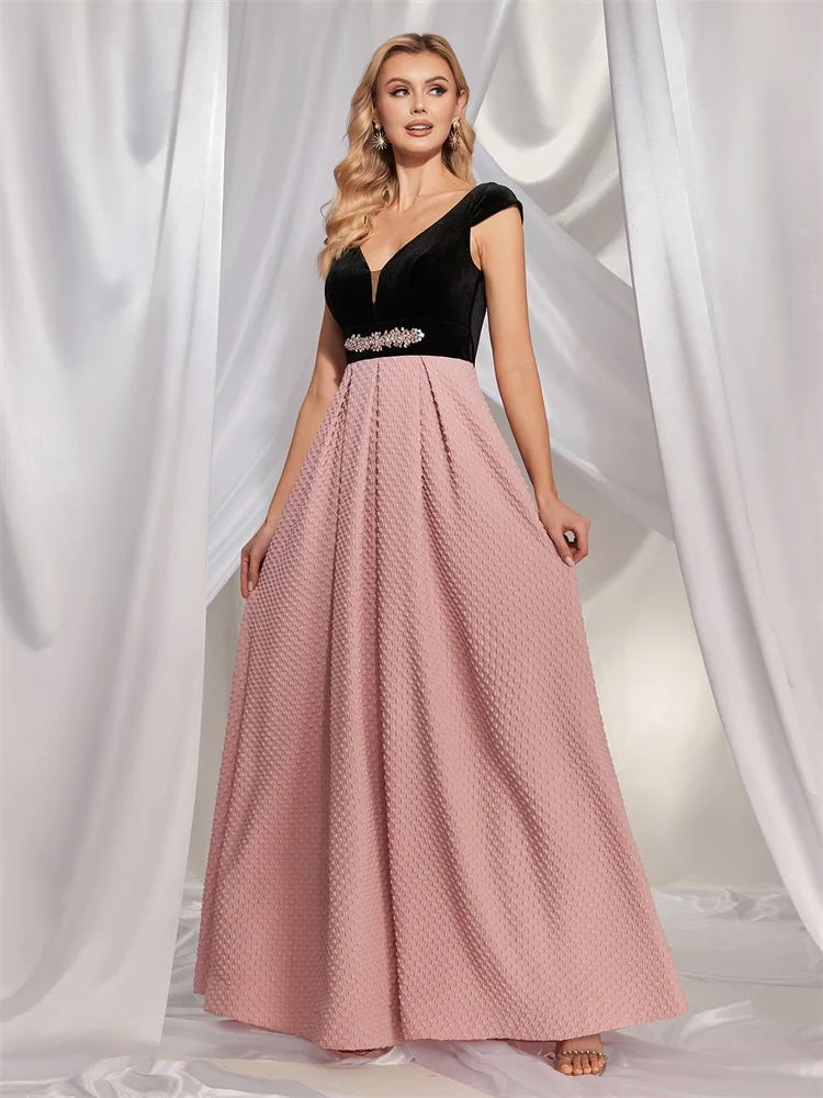 BluePlumB Plus Size Elegant V-back Formal Evening Dress For Women Luxury 2024 V-neck Party Dress Prom Long Pink Cocktail Gowns | Blue Plum - Blue Plum