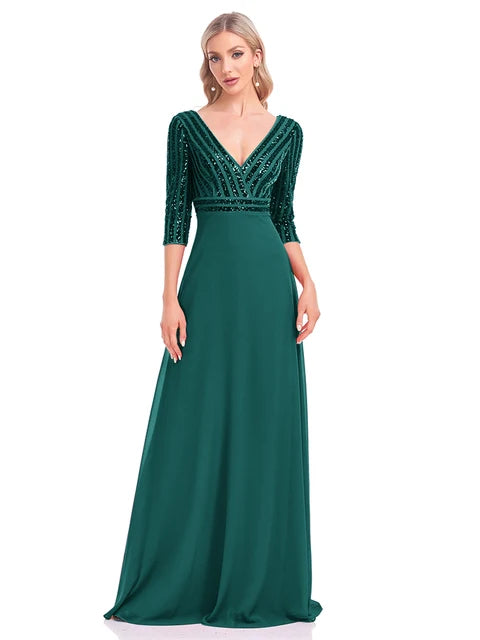 BluePlum Elegant Sequin Long Sleeve Formal Evening Dress Chiffon Blue A- line V-Neck Wedding Party Graduation Prom Dress For Women | Blue Plum - Blue Plum