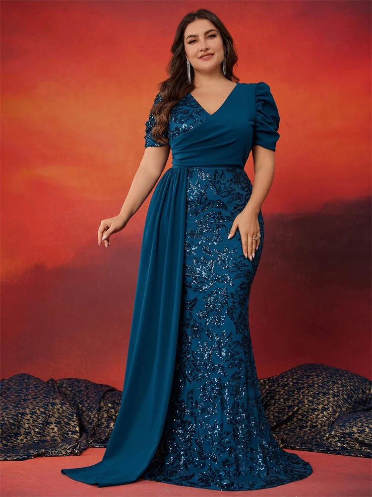 BluePlum Plus Size Elegant V-neck Sequins Evening Dress Women Short Sleeves Mermaid Formal Luxury Party Streamer Prom Dress | Blue Plum - Blue Plum