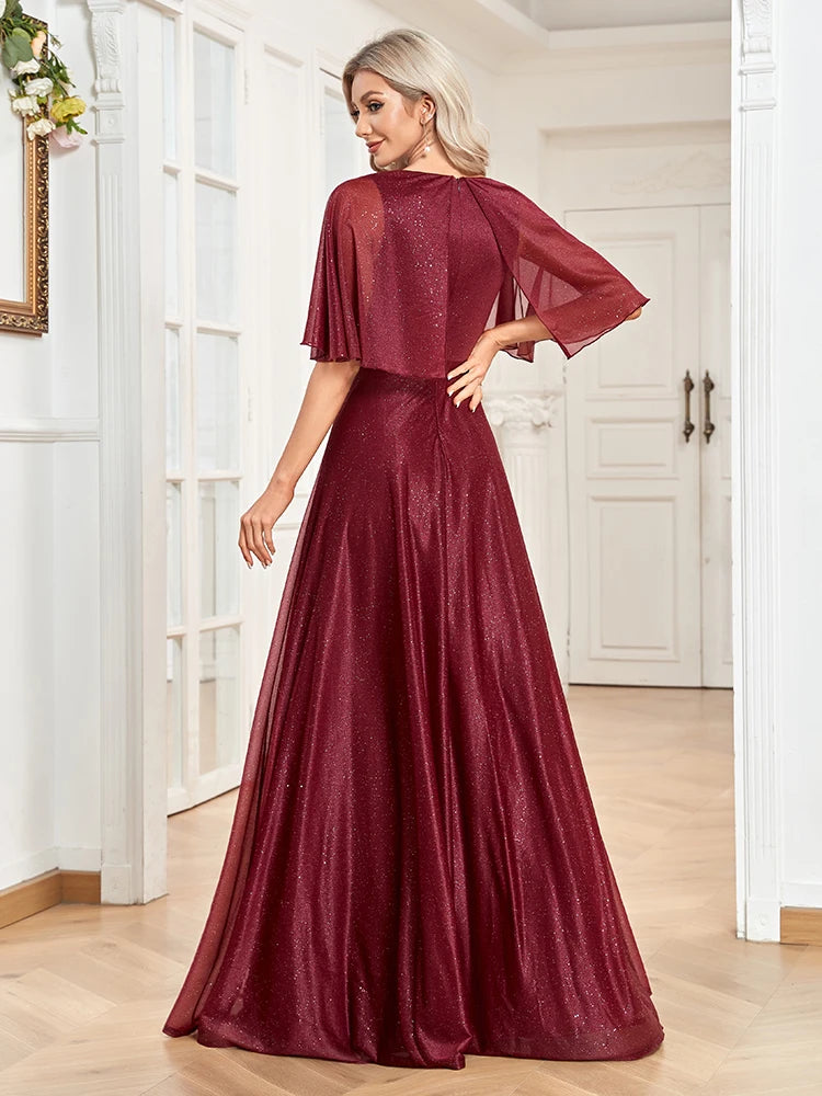 BluePlum Elegant Short sleeve Sequin Formal Evening Dress 2025 Women Wedding Party Prom V-Neck Ruffles Chiffon Red Gown Vestidos | Blue Plum - Blue Plum