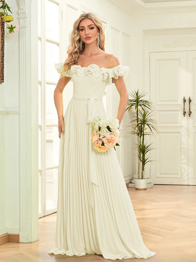 BluePlum Elegant Chiffon Green Evening Dresses Long A-LINE Off-the-shoulder 2024 Women Simple Bridesmaid Wedding Party Dress Prom | Blue Plum - Blue Plum