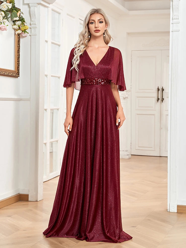 BluePlum Elegant Short sleeve Sequin Formal Evening Dress 2025 Women Wedding Party Prom V-Neck Ruffles Chiffon Red Gown Vestidos | Blue Plum - Blue Plum