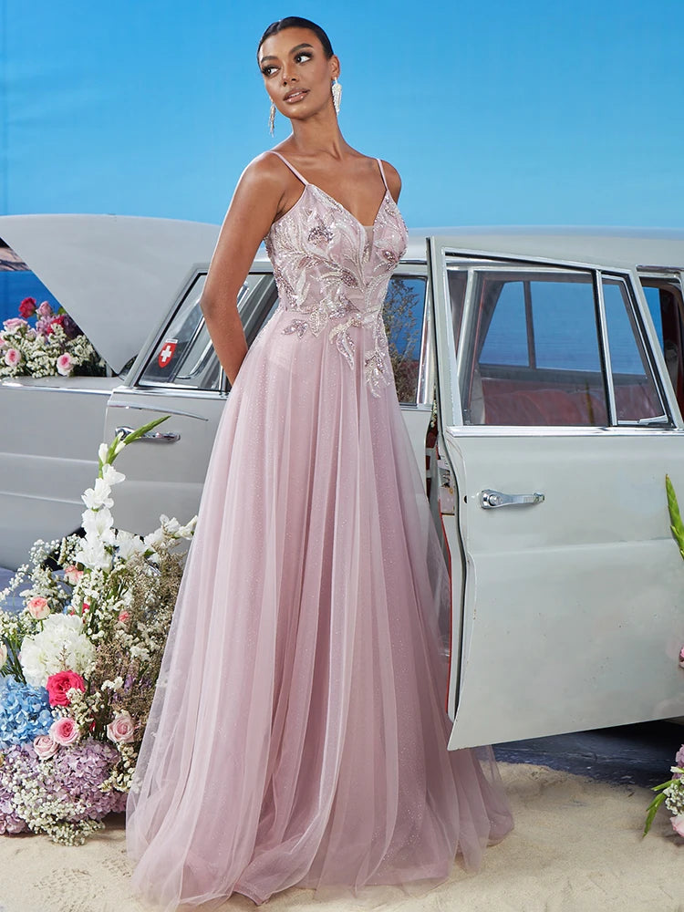 Pink V-neck Bridesmaid Evening Dress with Blueplum Suspenders | Blue Plum - Blue Plum